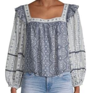 NWT Free People Mostly Meadow Blue Ivory Long Puff Sleeve Square Neck Top Size L